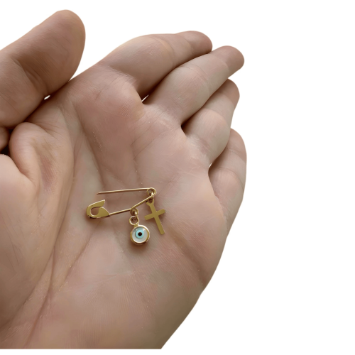 Gold Evil Eye Safety Pin Brooch with cross 14Κ Gold Evil Eye Safety Pin Brooch with cross 14Κ