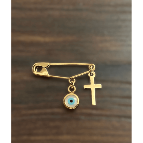 Gold Evil Eye Safety Pin Brooch with cross 14Κ Gold Evil Eye Safety Pin Brooch with cross 14Κ