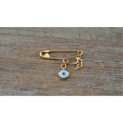 Gold Evil Eye Safety Pin Baby Crown Brooch 14K Gold Evil Eye Safety Pin Baby Crown Brooch 14K